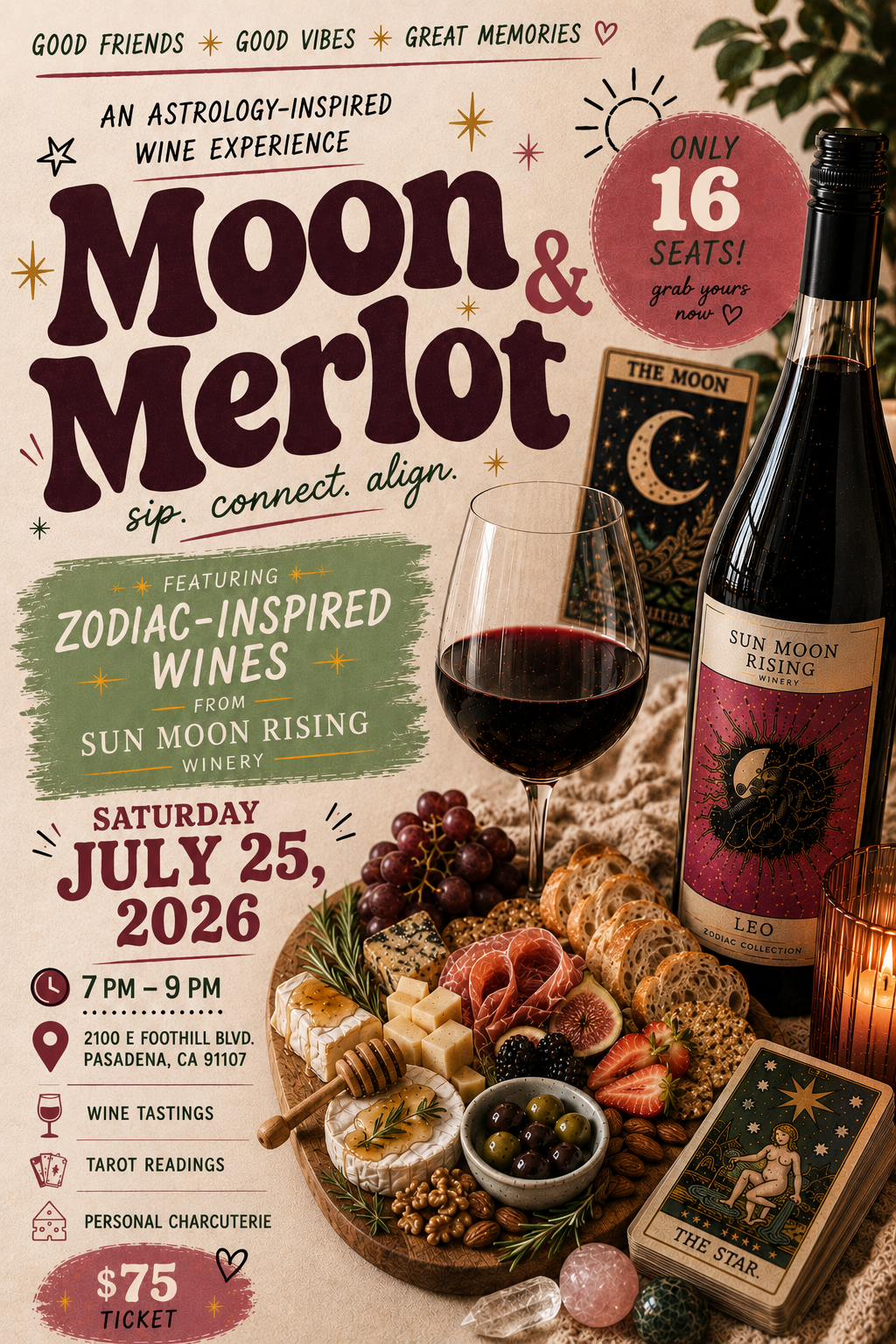 Moon & Merlot astrology-inspired wine experience flyer
